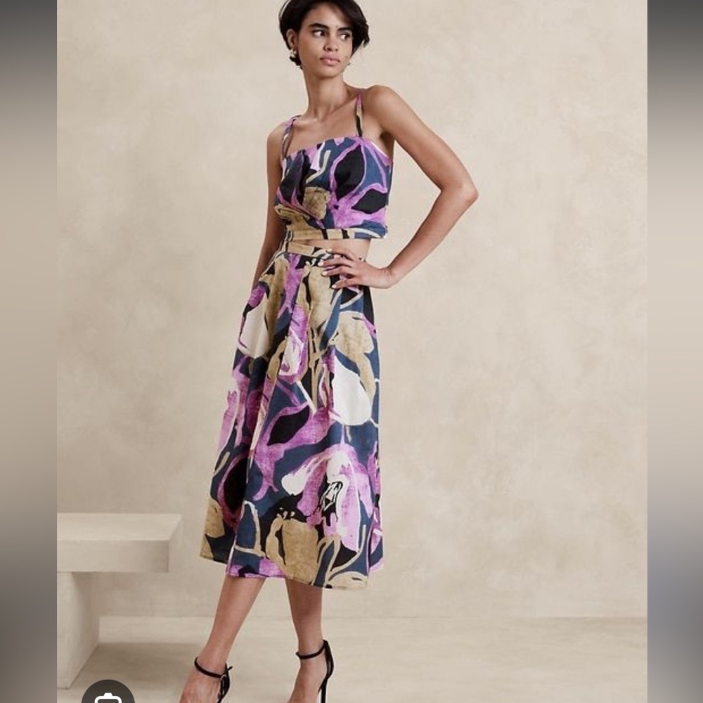Banana Republic Poplin Purple, Navy & Cream Floral Midi skirt and top set